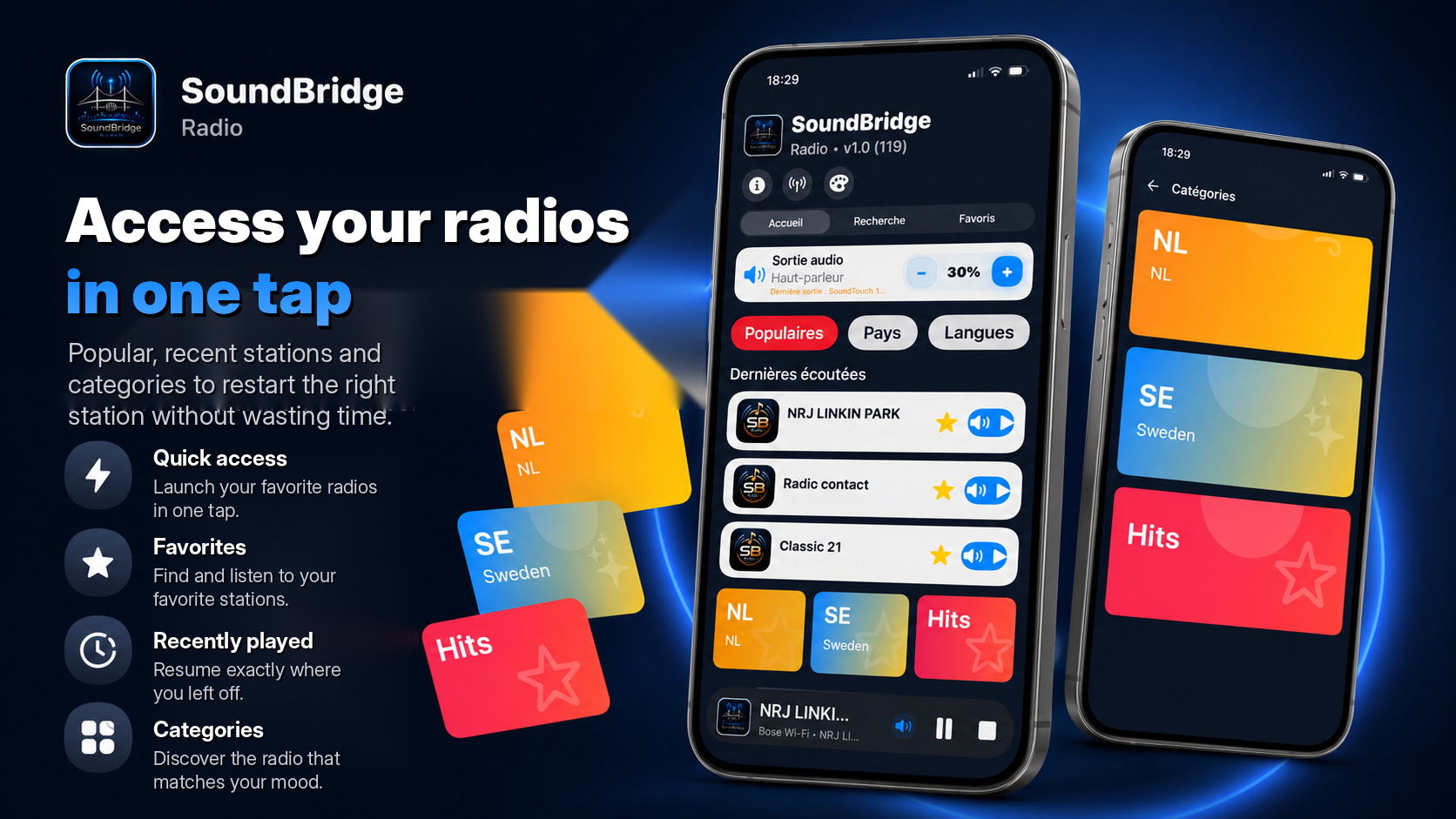 Access your radios in one tap with SoundBridge Radio