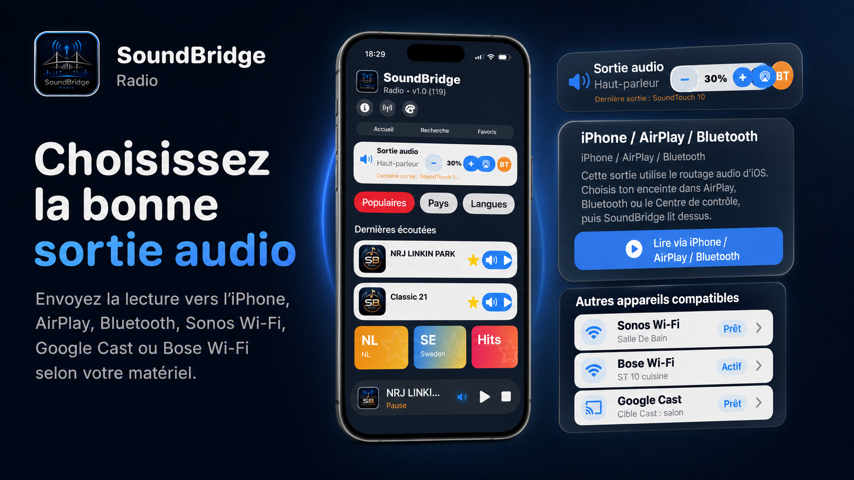 Choisir la sortie audio dans SoundBridge Radio